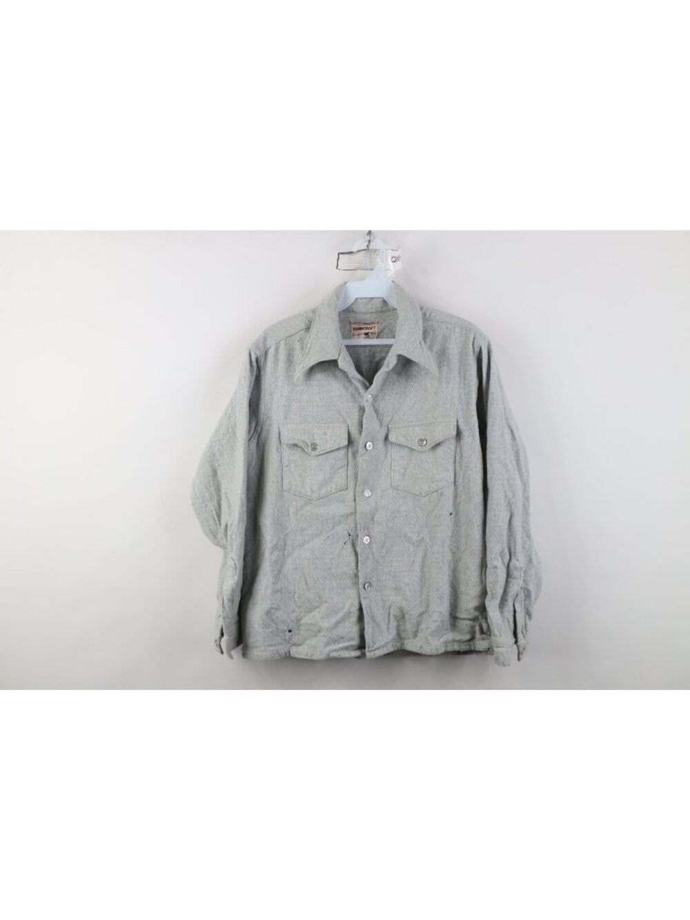 Vintage 50s 60s Mens Small Thrashed Pearl Button Wool Knit Button Shirt Blue USA